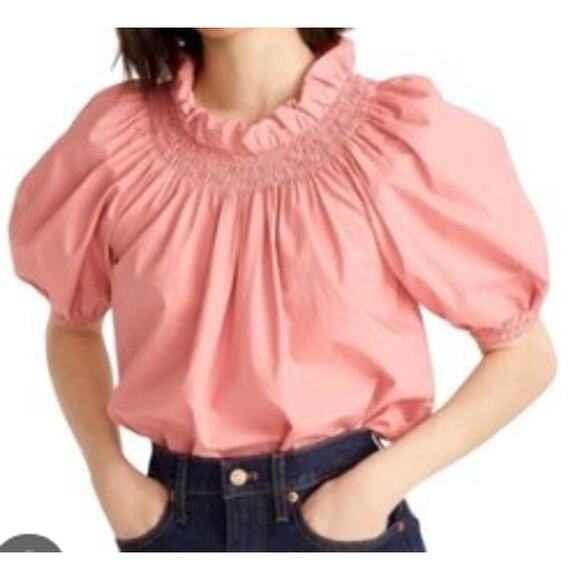 J.Crew Smocked Neck Puff Sleeve Lace Up Back Poplin Top Pink Womens Size Large - Picture 1 of 11